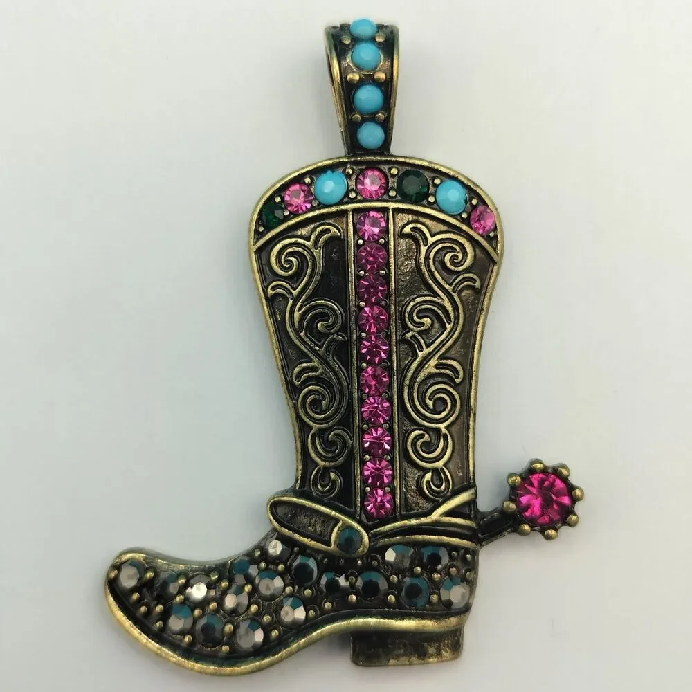 Western Cowboy Boot Pendant Rhinestone Antique Gold Tone Charm 2